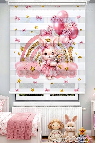 Pembe Gökkuşağı Ve Sevimli Tavşan Baskılı Çocuk Odası Perdesi - Dijital Baskılı Zebra Stor Perde Çok Renkli