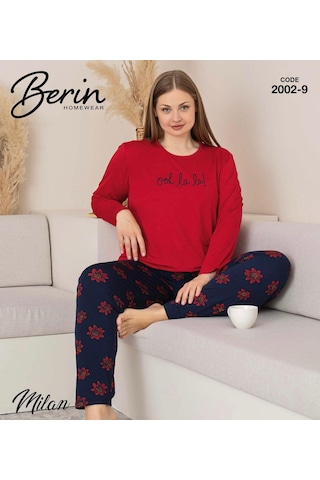 Berin Kadın Battal Viskon Milan Kumaş Mevsimlik Uzun Kol Pijama Takımı 2002 Kırmızı