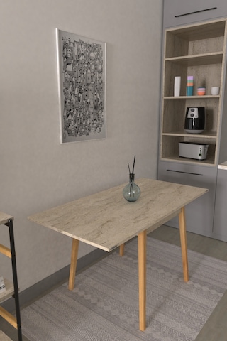 Vilinze Avanos Ahşap Katlanır Kanatlı Mdf Mutfak Masası - 70x70+70 70x140 Cm Traverten