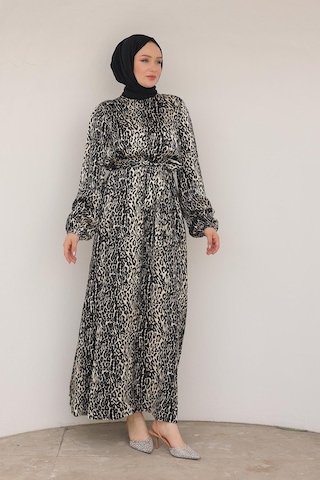 Armine Trend Leopar Desenli Beli Kemerli Elbise Siyah 24kt904 Siyah