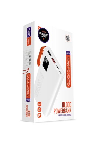 Powerway QC10 10.000 mAh PD 22.5 W Kablolu Hızlı Şarj Powerbank Beyaz