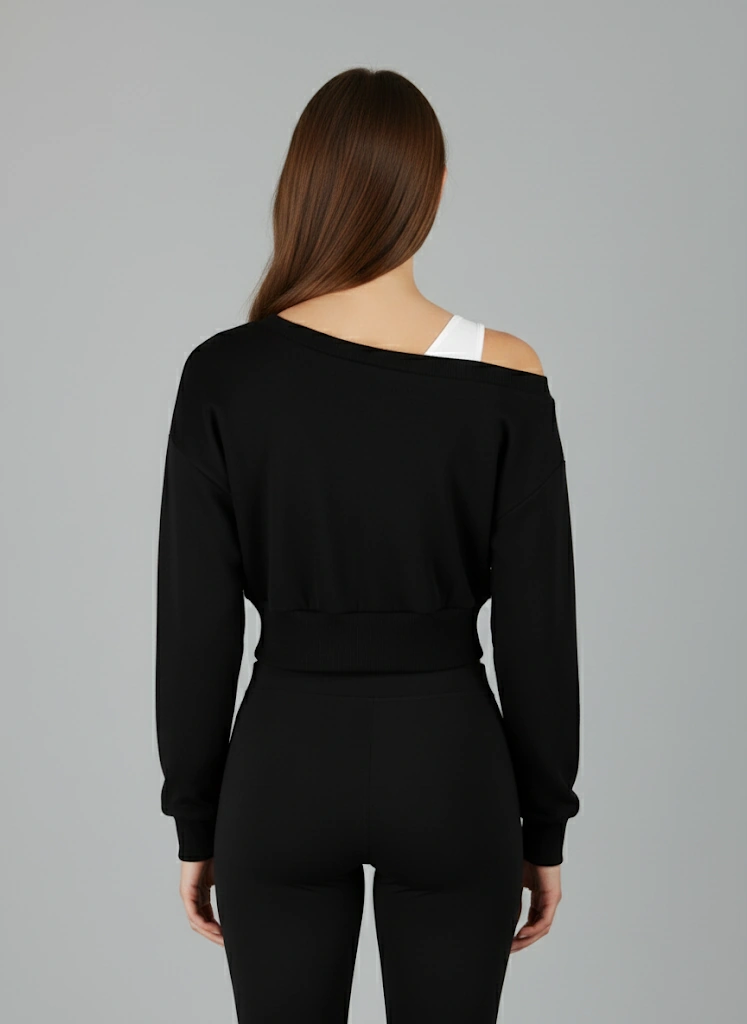 Askılı Modern Basic Omuzu Açık Siyah Sweatshirt Reglan Kol Kesim Siyah