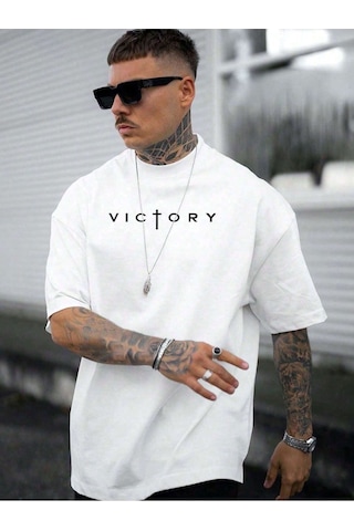 Victory Baskılı Süprem Beyaz T-shirt - Oversize Bisiklet Yaka Tişört Beyaz-280644
