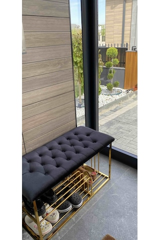 Kapitoneli Kapı Önü Metal Puf Bench Ayakkabılık Mavi