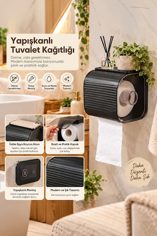 Porsima 5351 Still Yapışkanlı Banyo Tuvalet Kağıtlığı - Duvara Monte, Kapaklı Ve Raflı Tuvalet Kağıdı Aparatı Siyah