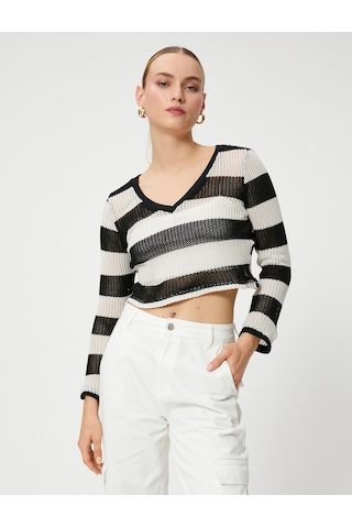 Koton Crop Kazak V Yaka Uzun Kollu Beyaz Çizgili 4wak30038ek Beyaz