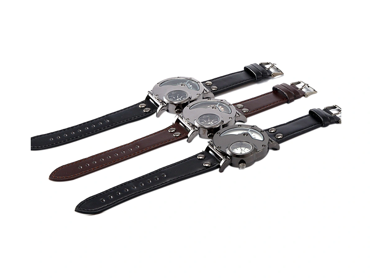 Xindoker Erkek Spor Kol Saati, Büyük Ekranlı, İki Zaman Dilimi, Kronometre Fonksiyonu, Kahverengi Pu Deri Kordon Çok Renkli