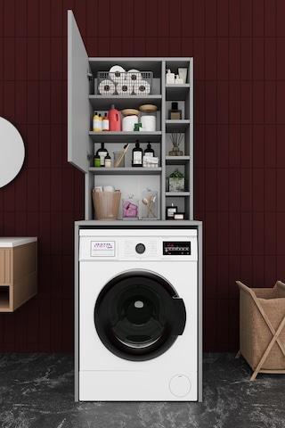 Asra Trend Çamaşır Makinesi Üstü Banyo Dolabı BD-02 %100 MDF Kapaklı Organizer Raf Kül Gri