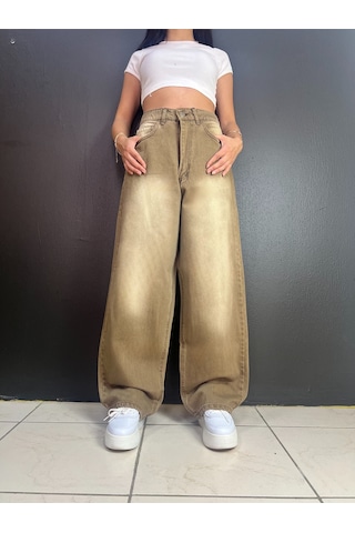 St.poll Vintage Eskitme Yıkama Unisex Baggy Jean Pantolon Vintage Vizon