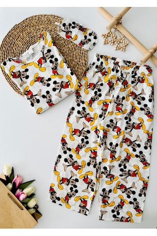 Miniğimin Cicileri Mcky Baskılı Pamuklu Kız Çocuk Pijama Takı... Beyaz