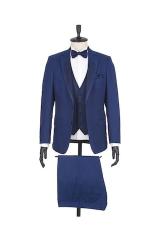 İmza Lacivert Gabardin Mono Yaka Astarlı Yelekli 6 Drop Slim Fit Dar Kesim Smokin Damatlık 1001190166-Lacivert