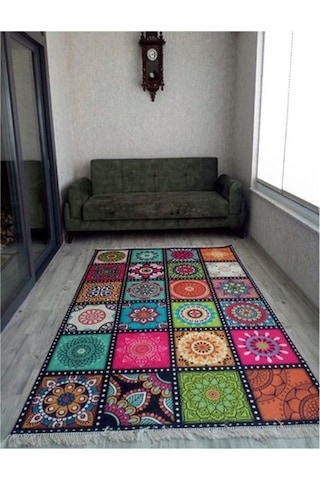 Kaymaz Taban Yıkanabilir Halı Kilim Yolluk Dijital Baskı Çok Renkli