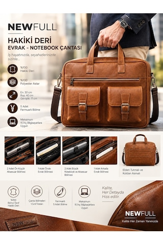 Newfull Hakiki Deri Erkek Kahve Evrak Notebook (Laptop) Çantası Kahverengi