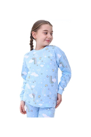 Kız Çocuk Gökkuşağı Desenli Uzun Kollu Pijama Takımı-1076 Mavi