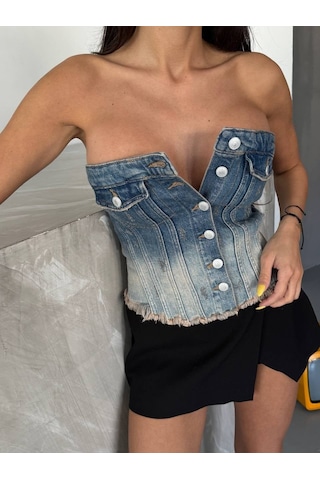 Herton Kadın %100 Pamuk Denim Büstiyer Straplez Düğmeli Modern Crop Top Çok Renkli