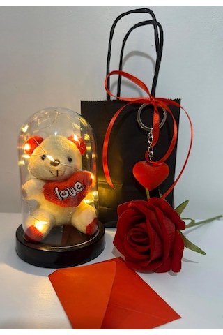 Romantik Hediye - Işıklı Fanus İçinde Sevimli Ayıcık - Işıklı Fanus 9x13 Cm Hediye Kalp Anahtarlık Çok Renkli