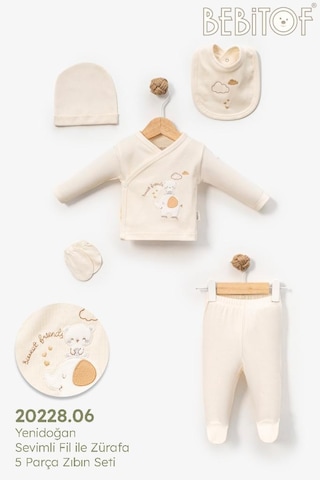 Bebitof %100 Pamuk Sevimli Fil İle Zürefa Desenli 5 Parça Yenidoğan Hastane Çıkışı Zıbın Seti Bbtf.grı.20228.06 Gri