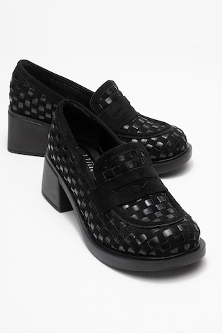 Luvishoes Luvi Shoes Marlon Siyah Örgülü Kadın Kalın Topuklu Loafer Ayakkabı Siyah