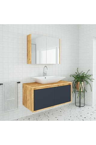 Banos Roomart Lavabolu Ahşap-Antrasit 100 Cm Banyo Dolabı + Ayna Antrasit