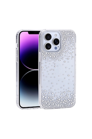 Apple Uyumlu iPhone 14 Pro Max Kılıf Kamera Yükseltili Simli Damla Taşlı Silikon Ata Pro Tech Siyah
