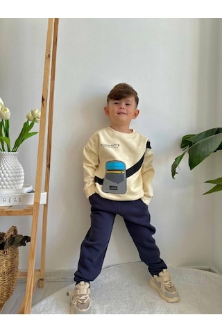 Jolly Kids Erkek Çocuk Çanta Baskılı Sweatshirt Takım Krem