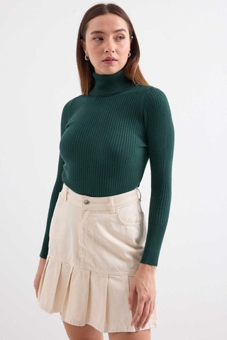Onno Style Women Fitilli Balıkcı Yaka Basic Kazak Zümrüt Yeşili