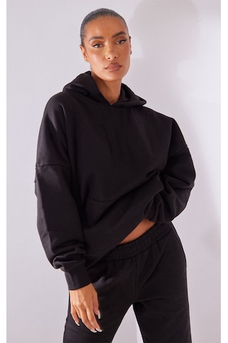 Basic Düz Eşofman Takımı Sweatshirt Jogger - Kapüşonlu Oversize Şardonlu Lastik Paça Siyah