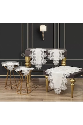 Salon Takımı 5 Parça Keten Dantelli Masa Örtüsü Runner Seti Çeyizlik Kayla Model Krem-gümüş Çok Renkli