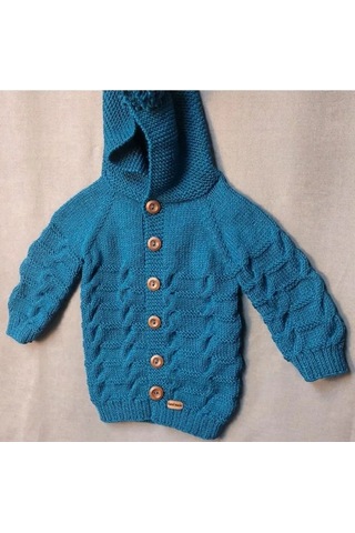 Uretti - Talia 8659 - 7872 El Örgüsü Mavi Kapüşonlu Erkek Çocuk Hırka - 2 / 3 Yaş Petrol Mavi
