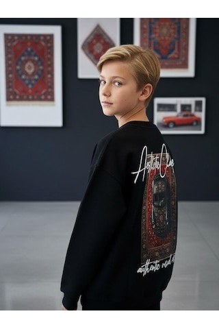 Zekids Erkek Çocuk Sırtı Araba Baskılı Tasarım Sweatshirt-16619 Siyah