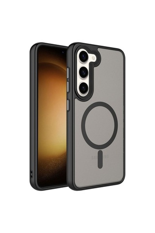 Samsung Galaxy Uyumlu S23 Kılıf Mat Arka Yüzey Wireless Şarj Özellikli Zore Flet M-safe Kapak Siyah