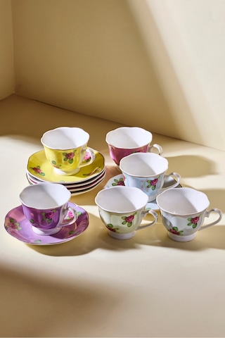 Hane+ 12 Parça 6 Kişilik Renkli Vintage Çiçekli Kahve Fincanı Takımı Cokrenklı Çok Renkli