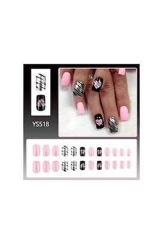 Kısa Günlük Bahar Manikürü Aşk Kontrast Renk Tırnak Siyah Pudra Çizgisi Tatlı Serin Parlak Takma Tırnak 24 Parça Dahil Araçlar Ys518
