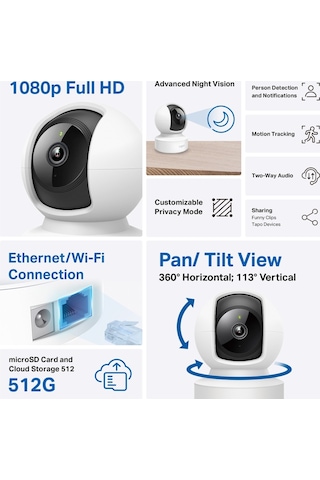 Tp-lınk Tapo C202 Bebek/ev Güvenlik Kamerası Wifi-ehernet 1080p 12mt Gece Görüşü Pan/tılt İki Yönlü Ses 1923