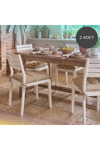 2'li Set 45x45 Cm Bej Bağcıklı Sandalye Minderi - Pamuk Polyester Kumaş Kırpıntı Süngerli Bahçe Ve Mutfak Sandalye Minderi