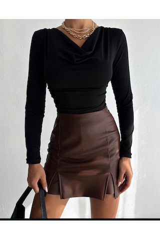 Esa35takı Degaje Yaka Drapeli Uzun Kollu Slim Fit Bluz Siyah