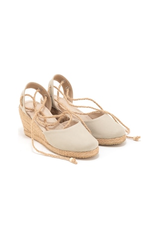 Star Tombis Gerçek Elişi Topuğu Açık Bilekten Bağlamalı Bej Dolgu Topuk Keten Hasır Espadril Handmade Bej