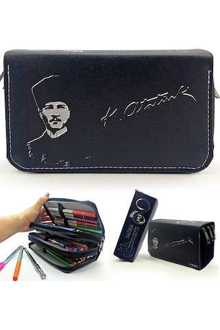 Kalem Kutusu Siyah Atatürk Mustafa Kemal Atatürk Desenli Kawai Organizer Kalemkutu Vegan Deri Üç Bölmeli Kalemlik Siyah