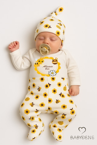 Babyden's Abisinin Balı Baskılı Yenidoğan Bebek Takımı 3 Lü Set Pamuklu Uzun Kol Zıbın, Patikli Alt Ve Şapka Unisex Ekru