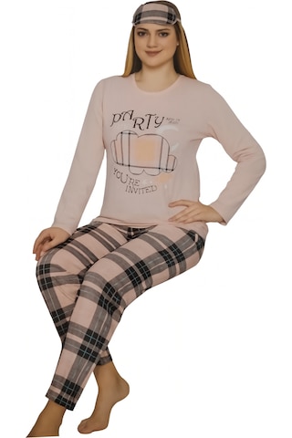 Abarta Kadın Pamuklu Desenli Uzun Kol Pijama Takımı Göz Bandı Hediyeli Somon
