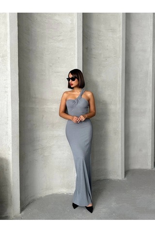 Tek Omuz Pliseli Elbise Gri