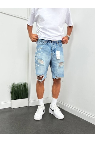 Kaizer Denim Boyfriend Yırtık Detaylı Baskılı Kot Kapri Şort Mavi