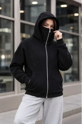 DefyModa Maskeli Ninja Model Çift Kapüşonlu 3 İplik Şardonlu Fermuarlı Oversize Sweatshirt - Siyah