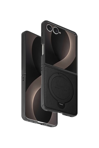 Samsung Galaxy Uyumlu Z Flip 8 Kılıf Ring M-safe Şarj Özellikli High Pu Deri Hdd Hbc-386 Skafta Case Siyah