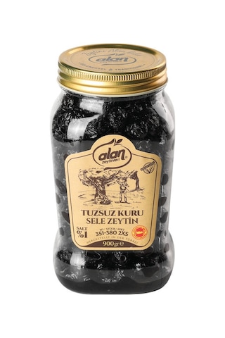 Alan Zeytinleri 351-380 KB Tuzsuz Kuru Sele Siyah Zeytin Pet 900 G