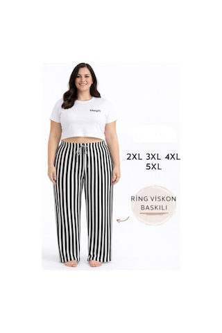 Viskon Pamuklu Kadın Büyük Beden Siyah Çizgili Pijama Pantolon - Mgb001 - Mudanis