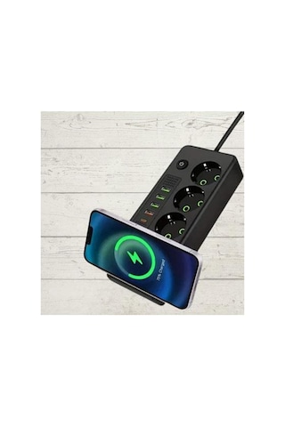 3 Lü Temassız Hızlı Şarj 4 Usb' Li 1 Typ-c Girişli Grup Priz Siyah Renk