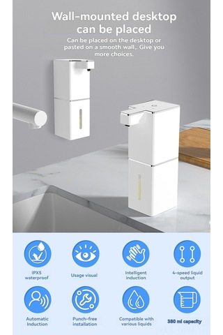 Moveevo Beyaz Duvar Montlu Otomatik Sensörlü Köpük Sabun Dağıtıcı, Dokunsuz Kullanim, 4 Seviye Hacim Kontrolü, Ipx5 Su Geçirmez, 380ml Kapasite, P7 Modeli Diğer