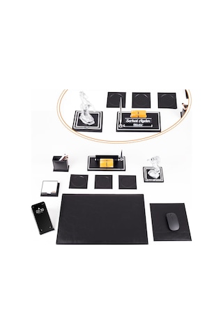 Opta 10 Parça Şahlanan At Biblolu Siyah Deri Sümen Seti Takımı Gümüş Ofis Masa İsimliği Lüks İsimlik