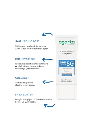 Agarta Yaşlanma Karşıtı Collagen Destekli 50 ML Spf+50 Yüz Güneş Kremi
